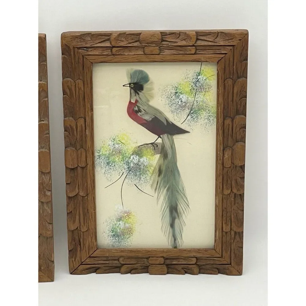 Pair Of Vintage Feather Art Bird Paintings In Carved Wooden Frames